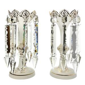 Antique Pair White Satin & Gold Gilded Bohemian Candle or Vase Lusters 10 5/8”